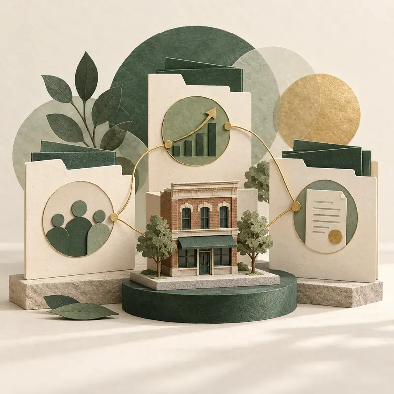 Editorial still life showing layered practice records and a gold thread connecting the parts of a transaction